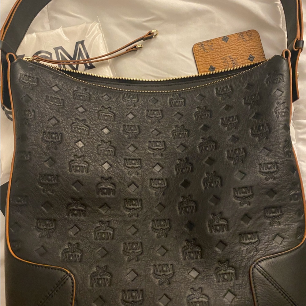 MCM Black and Brown Crossbody Bag with Embossed Design